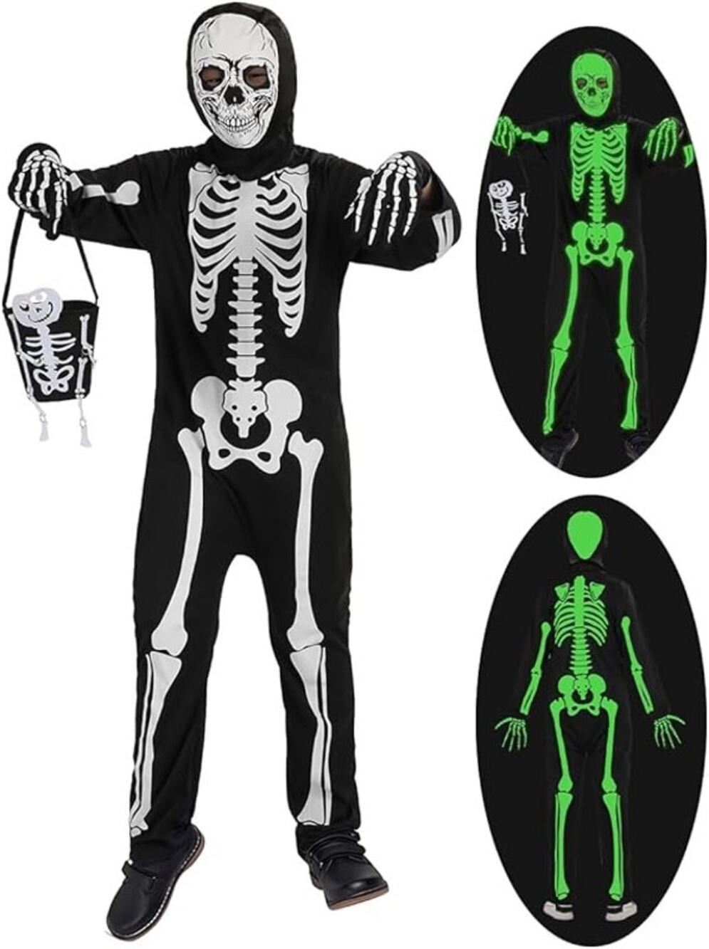 Skeleton Costume Glow in The Dark 2 Piece Set includes Jumpsuit Treat Bag size M